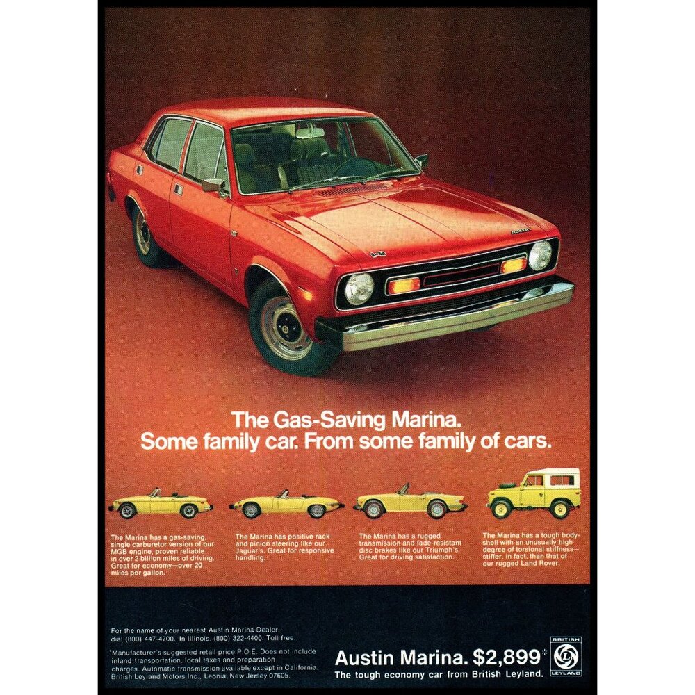 1974 Austin Marina Sedan Vintage Print Ad Classic British Car Wall Art Photo